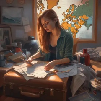 Artistic depiction of woman packing suitcase with world map background - Image 3