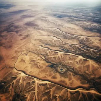 Desert landscape with winding roads seen from airplane window in aerial shot - Image 1