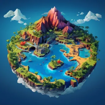 Isometric view of a low poly tropical island surrounded by bright blue ocean - Image 1