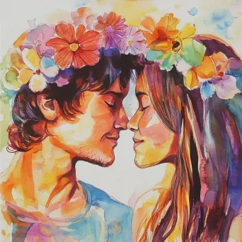 Watercolor painting of a colorful 1970s hippie love-in - Image 3