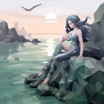 Low-poly portrayal of a mermaid resting on coastal rocks - Image 4