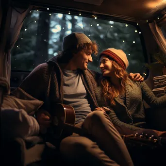 Couple watching a movie inside their van at a camping site - Image 1