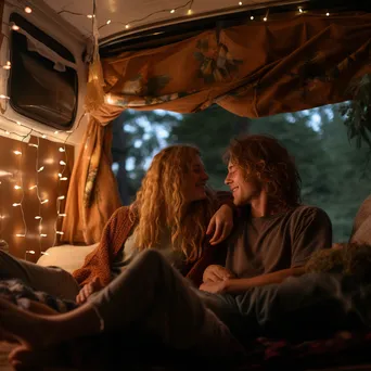 Couple watching a movie inside their van at a camping site - Image 4