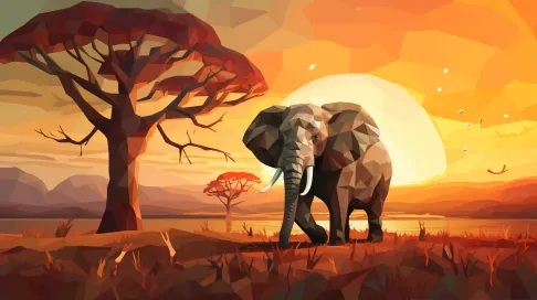 Geometric representation of an elephant in a sunlit savanna - Image 1