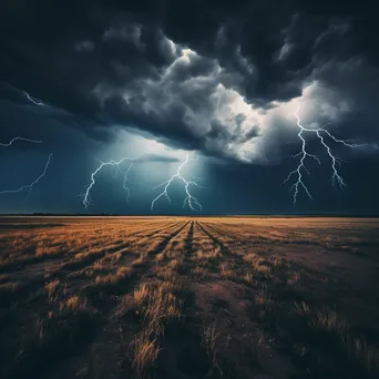 Thunderstorm with dark swirling clouds and lightning over an open field. - Image 1