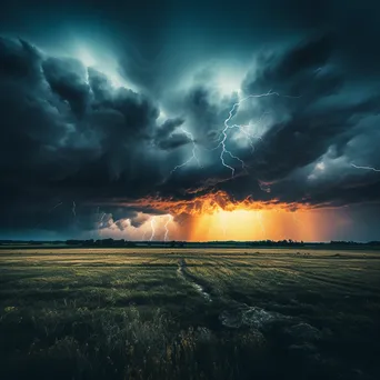 Thunderstorm with dark swirling clouds and lightning over an open field. - Image 3