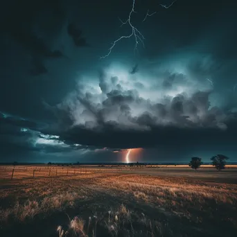 Thunderstorm with dark swirling clouds and lightning over an open field. - Image 4