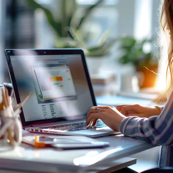 Woman using a laptop for online shopping with a digital wallet interface on screen in an office. - Image 1