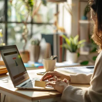 Woman using a laptop for online shopping with a digital wallet interface on screen in an office. - Image 4