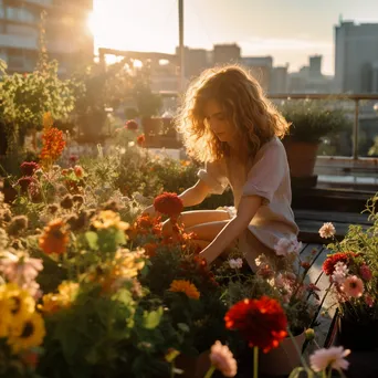 Rooftop garden with flowers and city skyline during golden hour - Image 2