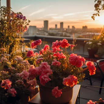 Rooftop garden with flowers and city skyline during golden hour - Image 3