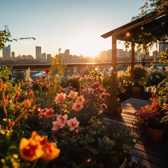 Rooftop garden with flowers and city skyline during golden hour - Image 4