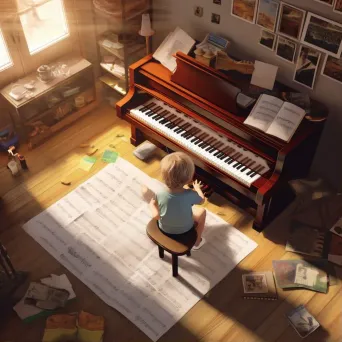 Child learning to play piano with sheet music spread across the floor - Image 1