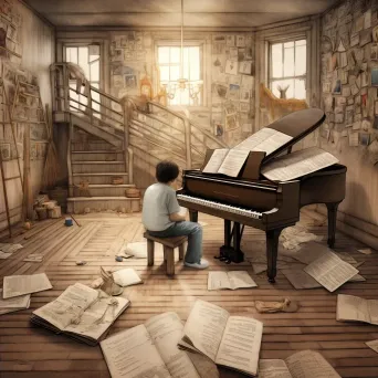 Child learning to play piano with sheet music spread across the floor - Image 4