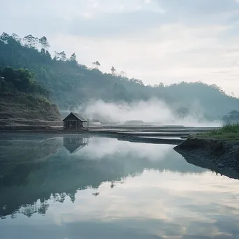 Tranquil reflection of a salt mine in calm waters - Image 4