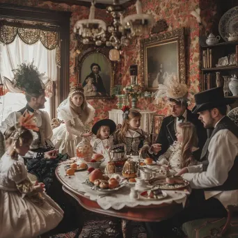 Vintage portrait of an old-fashioned family in Victorian-era parlor - Image 1