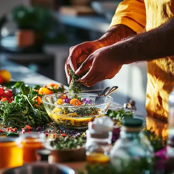 Artisan making flavored butter with herbs and spices in a bright kitchen setting - Image 1