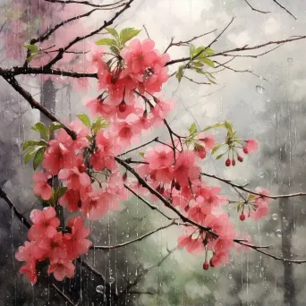 Watercolor depiction of a soft yet intense spring downpour - Image 2