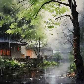 Watercolor depiction of a soft yet intense spring downpour - Image 3