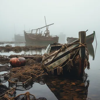 Historical perspective of oyster farming with wooden boats in mist - Image 1