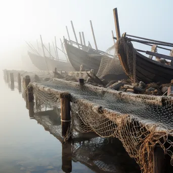 Historical perspective of oyster farming with wooden boats in mist - Image 2