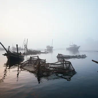 Historical perspective of oyster farming with wooden boats in mist - Image 4