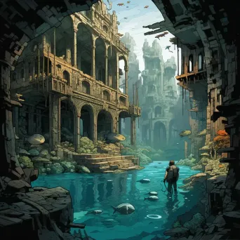 Underwater scene of a diver exploring a sunken city with ancient architecture - Image 3