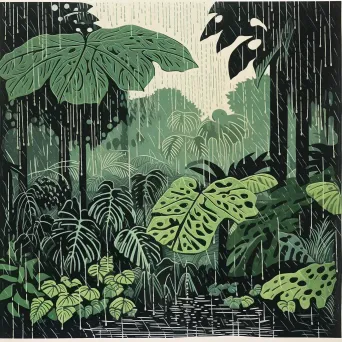 Illustration of a monsoon rain in a tropical forest with heavy raindrops falling on lush greenery. - Image 4