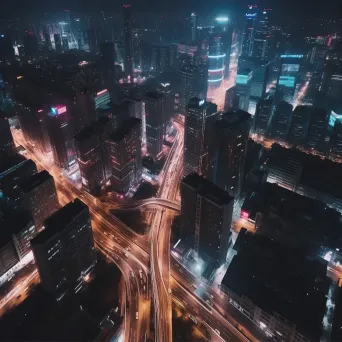 Energetic cityscape with buildings, streets, and traffic under city lights at night - Image 1