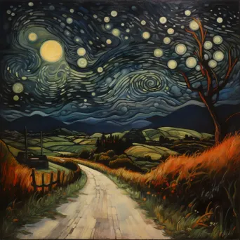 Country road at night with car headlights, fields, and starry sky - Image 2