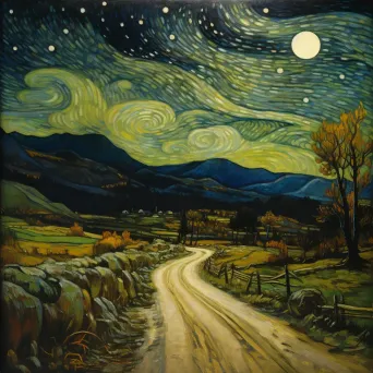 Country road at night with car headlights, fields, and starry sky - Image 4