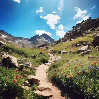 Winding trail through rocky ridge filled with wildflowers - Image 1