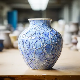 Crackled glazed ceramic vase with fine lines - Image 2