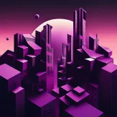 Geometrically organized futuristic cityscape under a purple twilight sky - Image 1