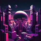 Geometrically organized futuristic cityscape under a purple twilight sky - Image 4