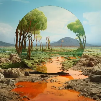 Artistic mirror reflecting desolate wastelands amidst verdant scenery, underscoring deforestation - Image 1