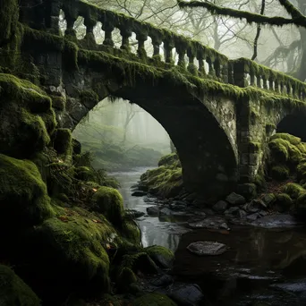 Moss-covered stone bridge in fog - Image 2