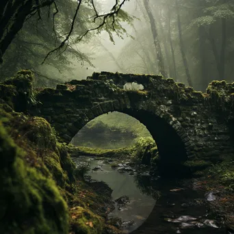 Moss-covered stone bridge in fog - Image 3