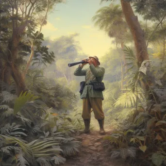 Person with binoculars looking into dense jungle - Image 1