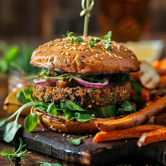 A vegan burger with sweet potato fries on a wooden serving board garnished with herbs. - Image 2