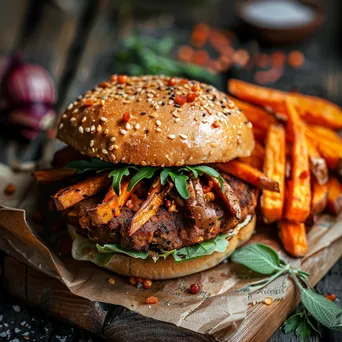 A vegan burger with sweet potato fries on a wooden serving board garnished with herbs. - Image 4