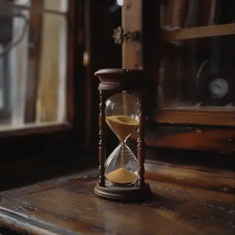 Vintage hourglass with golden sand on antique wooden desk - Image 1