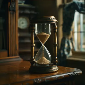 Vintage hourglass with golden sand on antique wooden desk - Image 3