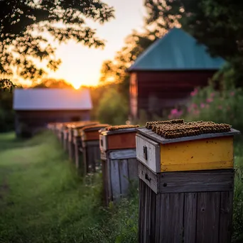 Historic Farm with Traditional Apiary at Sunset