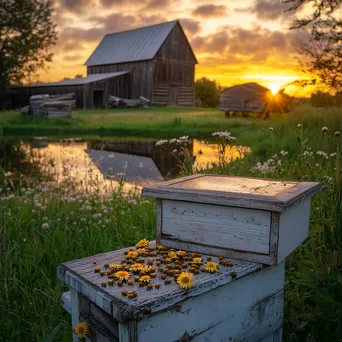 Traditional apiary on a historic farm with old wooden barns under a vibrant sunset. - Image 2