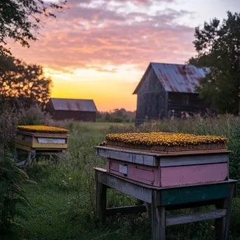 Traditional apiary on a historic farm with old wooden barns under a vibrant sunset. - Image 4