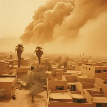 Dust storm enveloping a desert town with buildings barely visible through the brown haze - Image 4