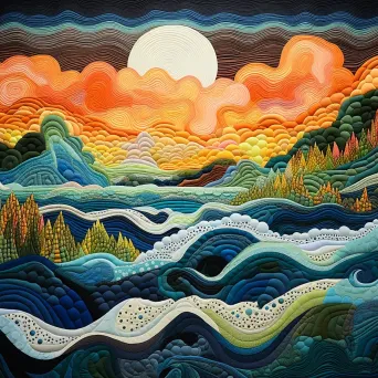 Surreal seascape of waves transforming into quilt-pattern farmland with folk art aesthetic - Image 2