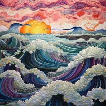 Surreal seascape of waves transforming into quilt-pattern farmland with folk art aesthetic - Image 4