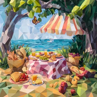 Summer picnic depicted in low poly, geometric style with nature-inspired colors - Image 3